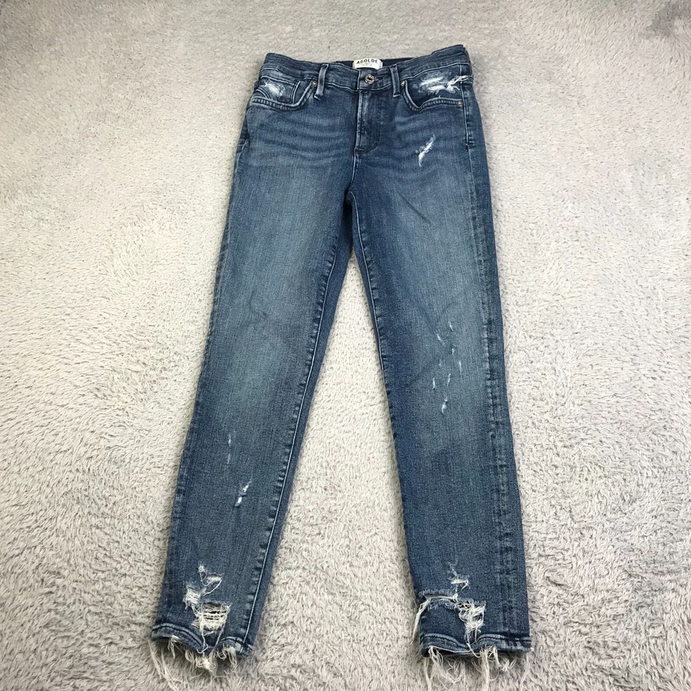 AGOLDE Sophie Jeans Womens 27 Blue Distressed‎ Mid Rise Skinny Fray Hem Ankle